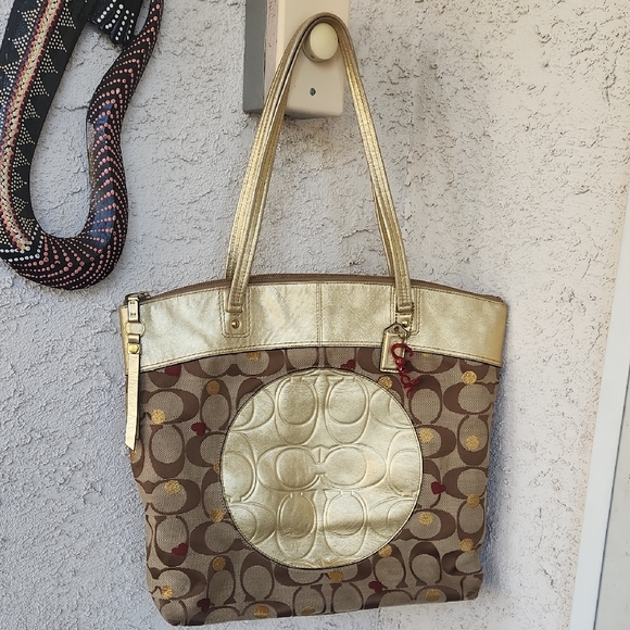 Coach Handbags - Coach Brown Signature Tote with Metallic Gold Trim